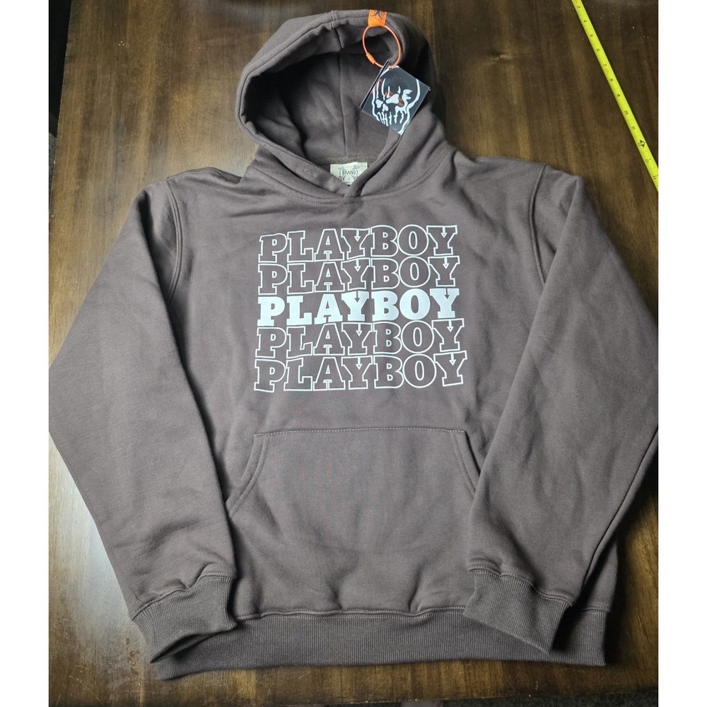 Playboy Brand X Hoodie Men's Small Brown Graphic Pullover Sweatshirt NWT